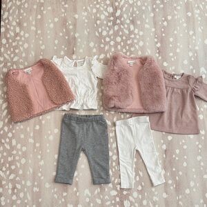 Miniclssix Baby Girl Outfit Bundle 6-9M Faux Fur Vest Sets Pink Neutral (6 pc)